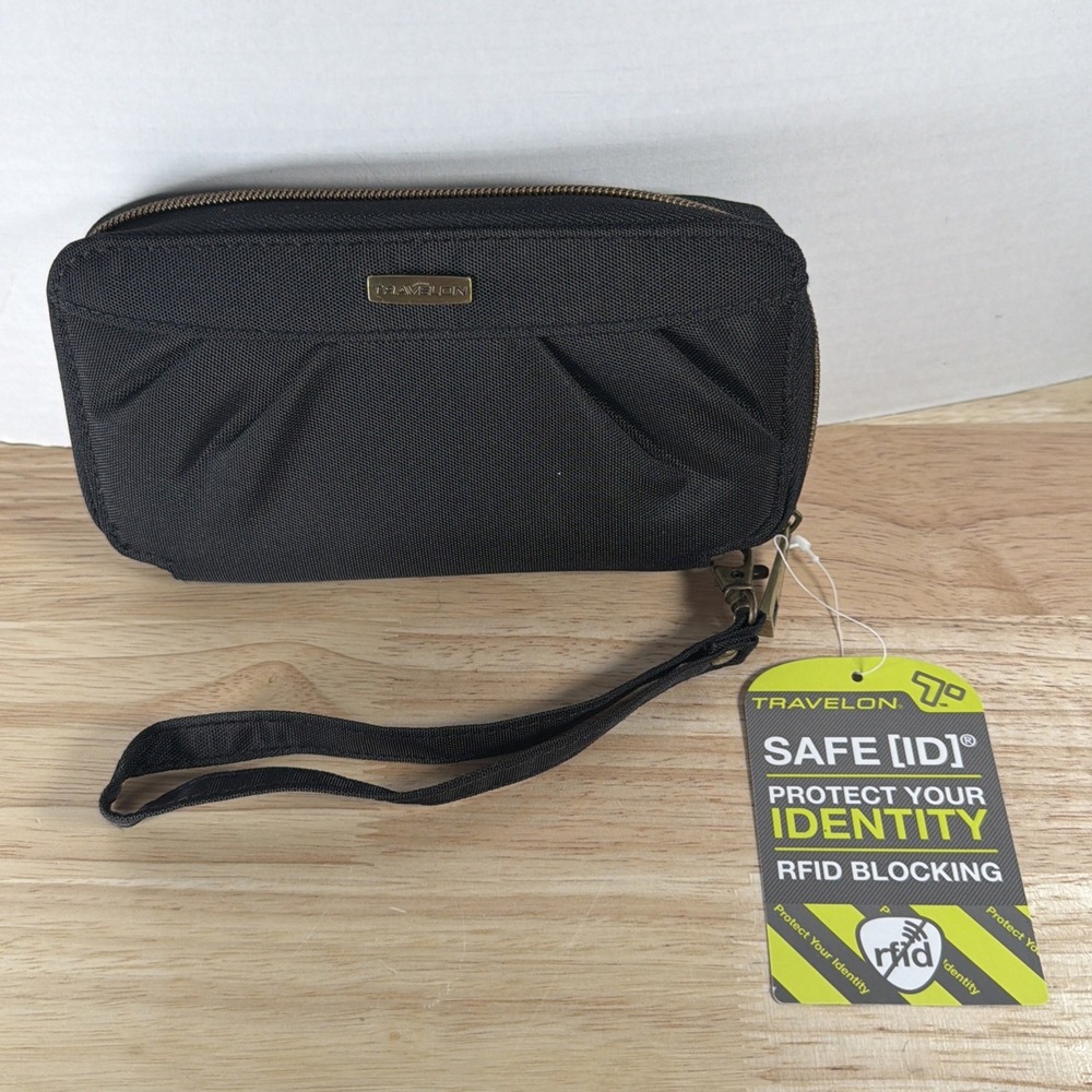 Travelon Black RFID Blocking Zip Around Clutch Wallet Organizer Wristlet Strap